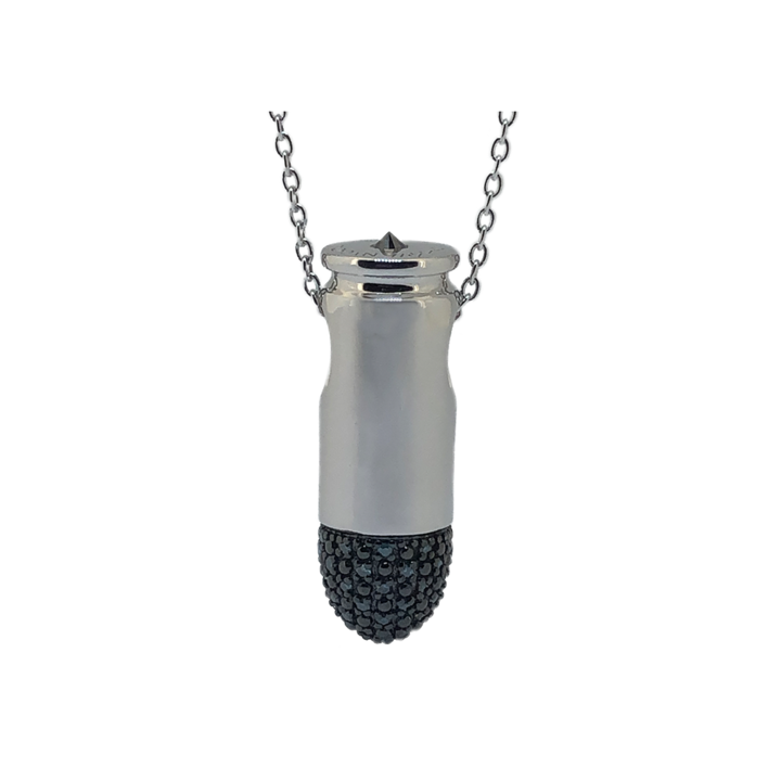 9MM Pave Bullet Pendant Solid Sterling Silver, Set with White Zircon and a Black Spinel