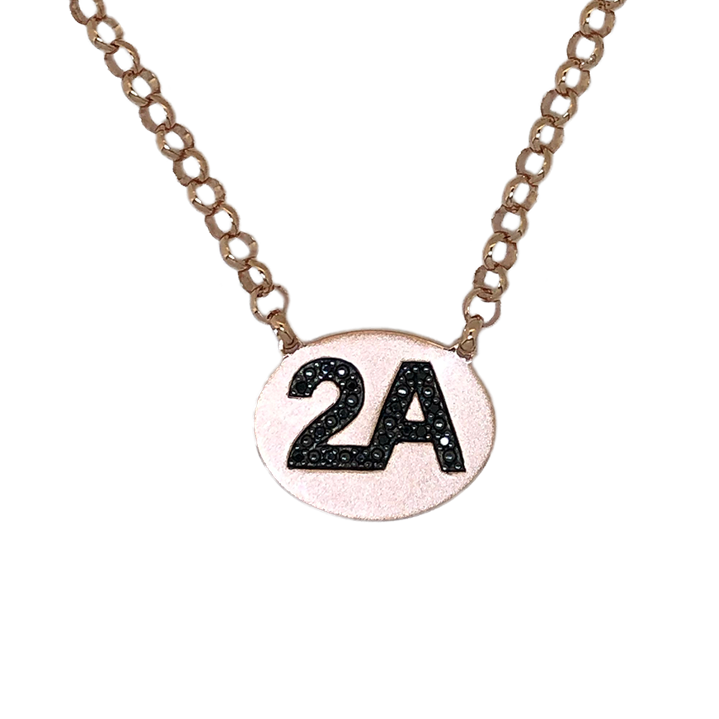 2A Oval Plaque Necklace Set with 16 Round Diamond Cut Black Spinels, on Adjustable 3mm Rolo Chain.