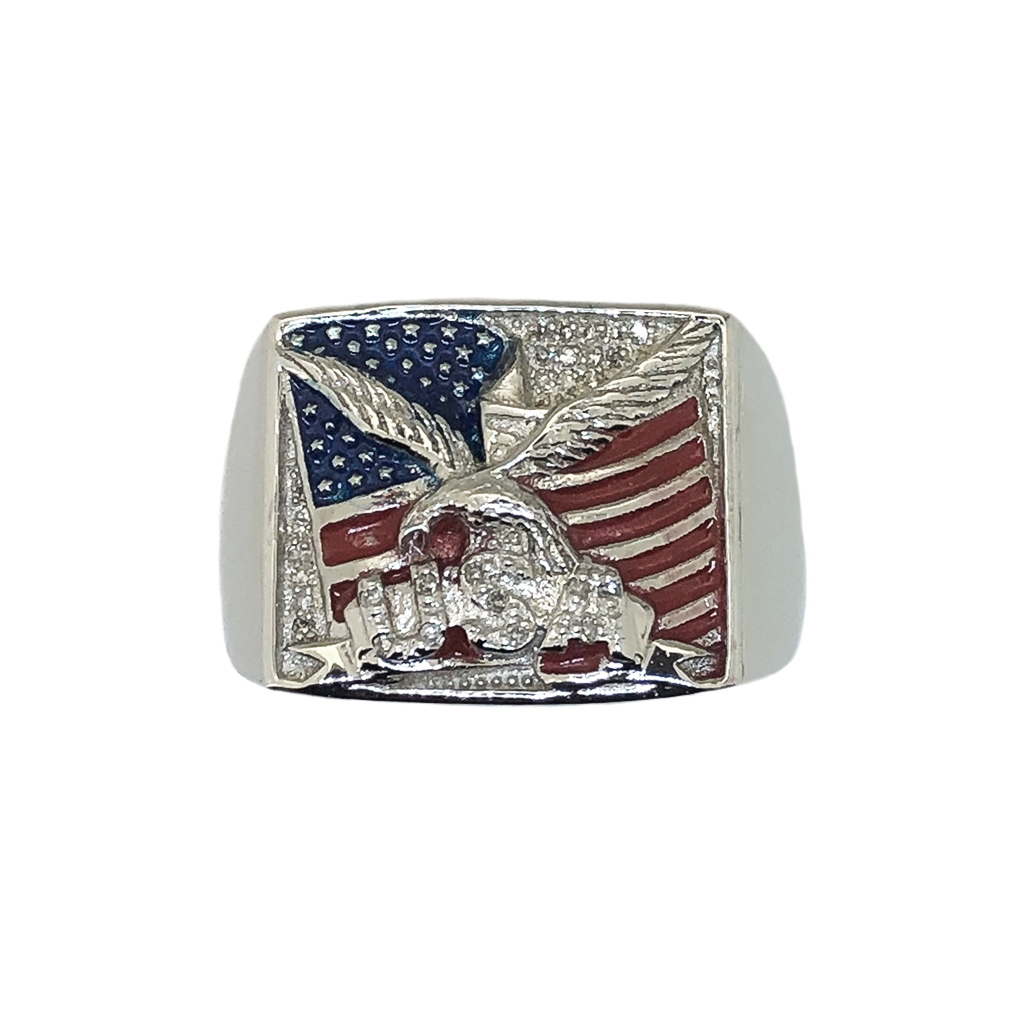 Patriotic USA Heavy Solid Sterling Silver Mens Ring with Diamonds