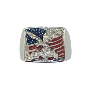 Patriotic USA Heavy Solid Sterling Silver Mens Ring with Diamonds