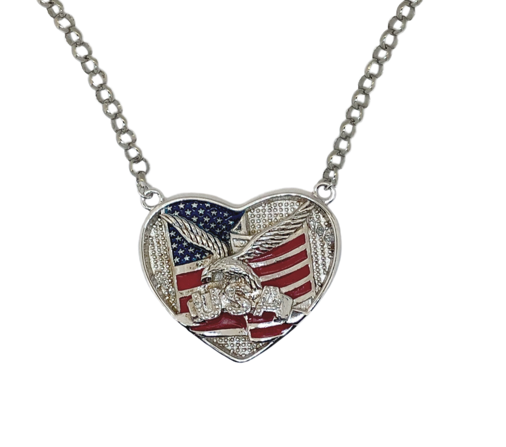 USA Enameled American Flag & Eagle Heart Pendant On Adjustable 18-20" 3MM Rollo Chain With 12 Diamonds